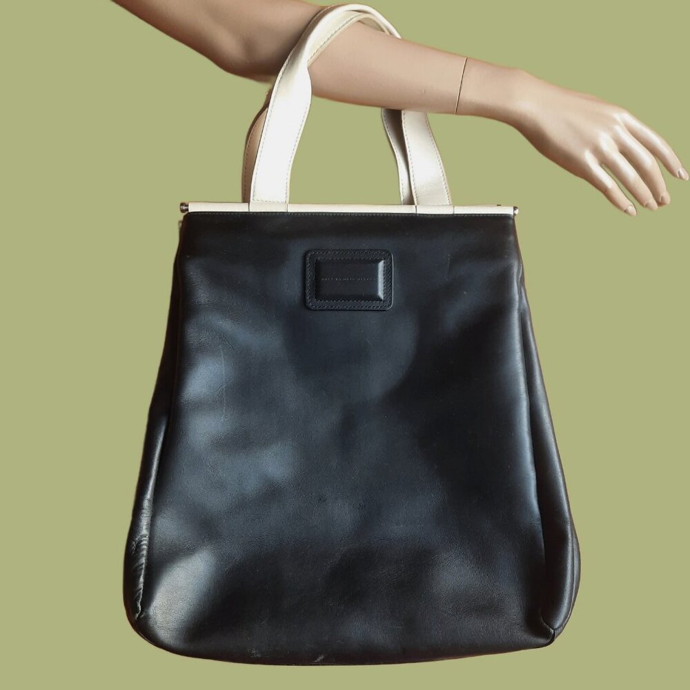 Marc By Marc Jacobs Leather Tote Bag Large Black Beige Two Tone Handbag